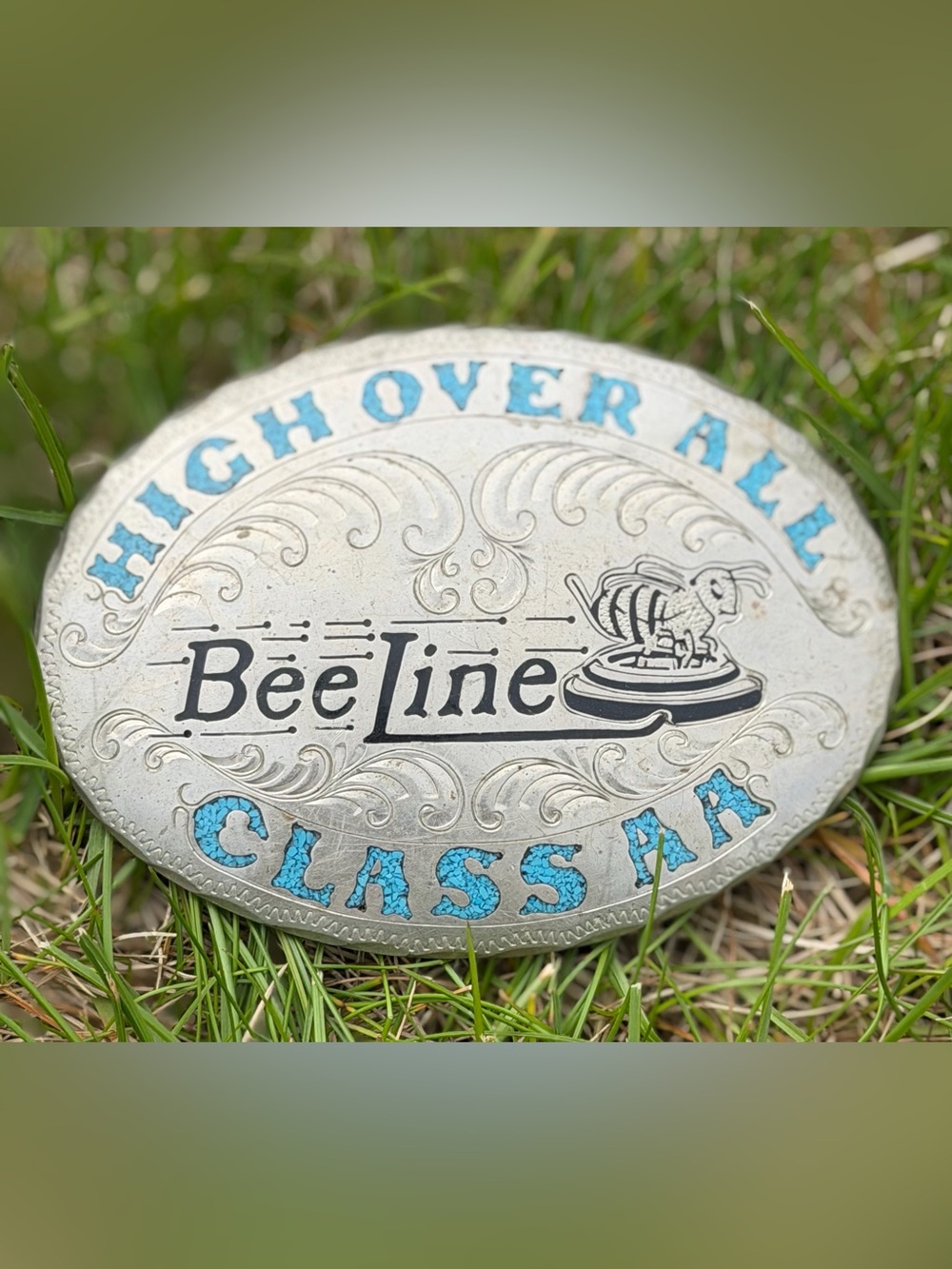 BeeLine 'High Over All Class A' Silver Belt Buckle with Turquoise Accents